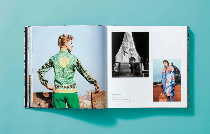 Pucci by Taschen XL spread with a green Pucci print shirt, an archival black and white photo, and a printed coat