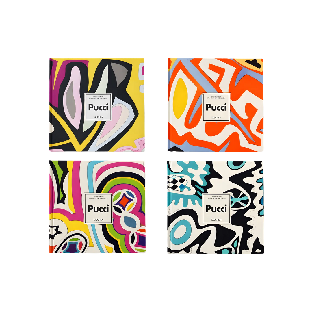 Four fabric cover versions of the Pucci XL book by Taschen, each bound in a different Pucci print