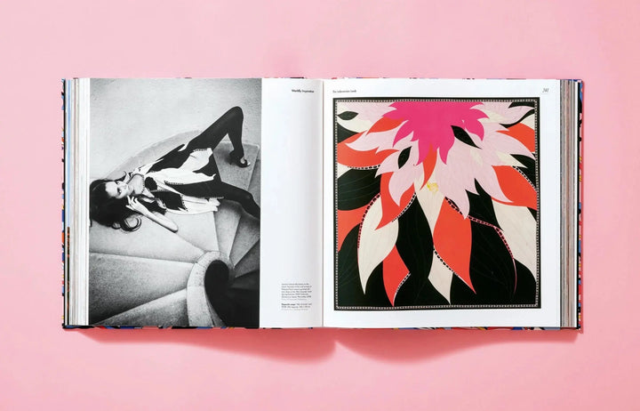 Spread from Pucci by Taschen XL pairing a black and white photograph with a red, pink, and black starburst print