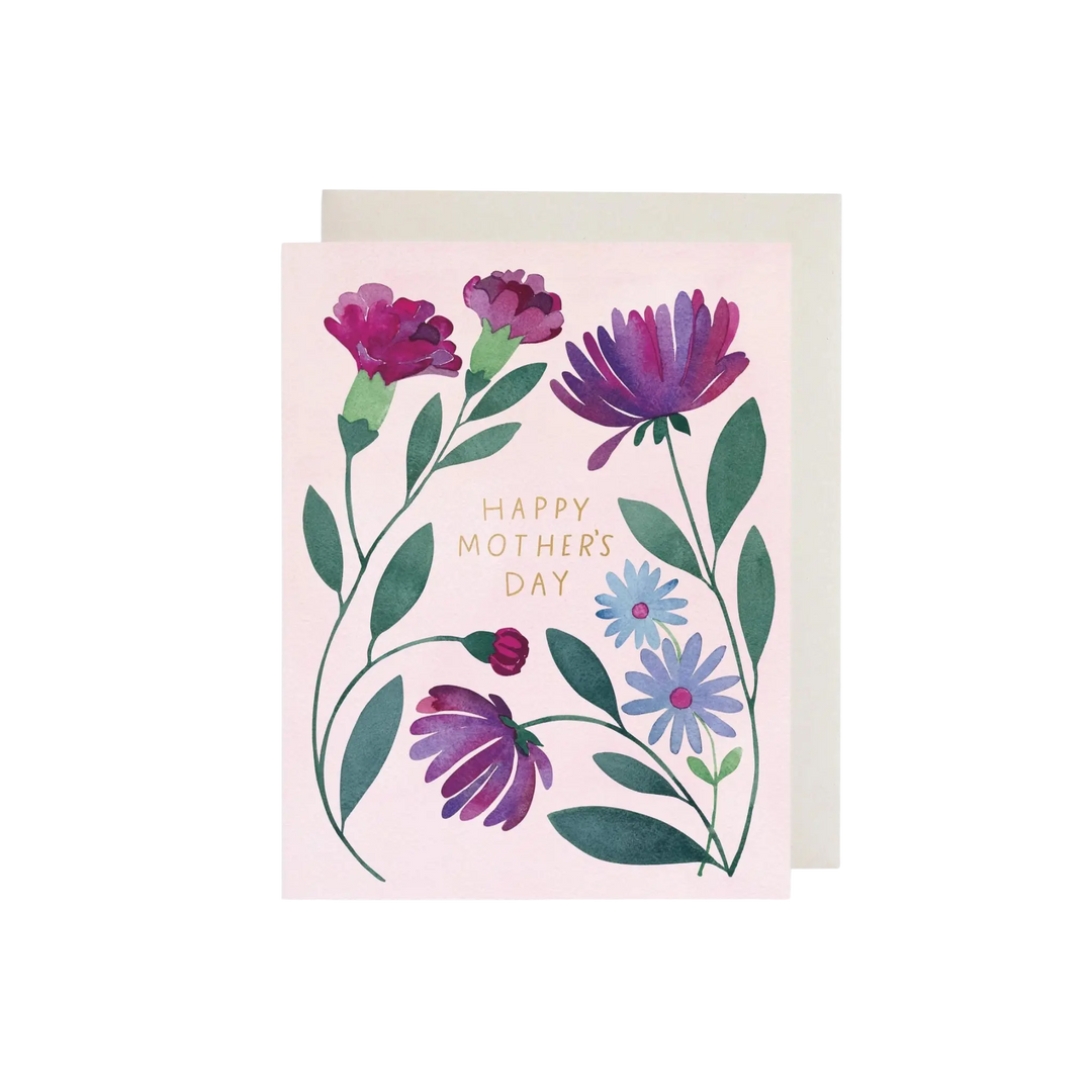 Mother’s Day floral greeting card with purple watercolor flowers