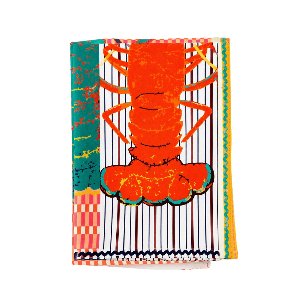 Red Lobster Kitchen Towel by Lynette Reed Studio — bold red lobster print on striped 100% cotton tea towel with rickrack trim.
