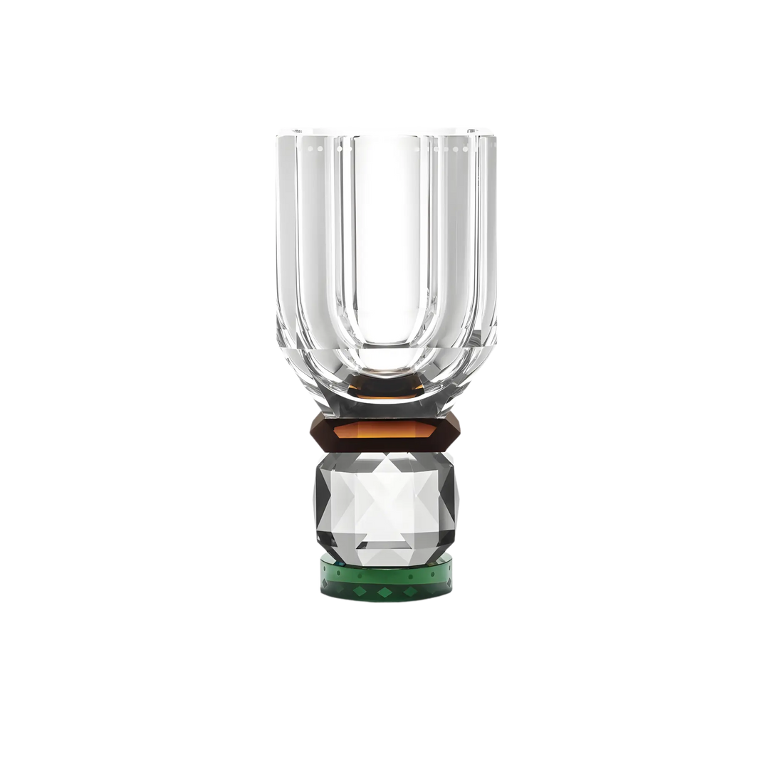 Utah Vase by Reflections Copenhagen featuring hand-cut clear crystal with brown and green accents, shown against a black background