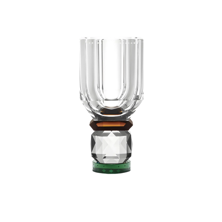 Utah Vase by Reflections Copenhagen featuring hand-cut clear crystal with brown and green accents, shown against a black background