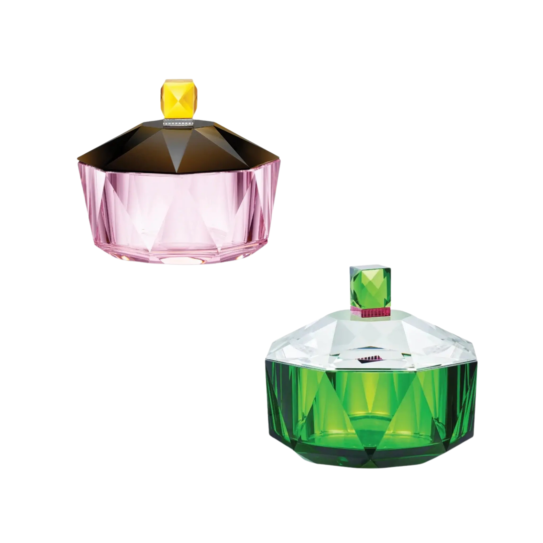 New Haven Basin by Reflections Copenhagen, reflections Copenhagen New Haven Dish crystal lidded decorative bowl shown in pink and green