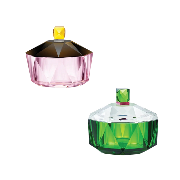 New Haven Basin by Reflections Copenhagen, reflections Copenhagen New Haven Dish crystal lidded decorative bowl shown in pink and green