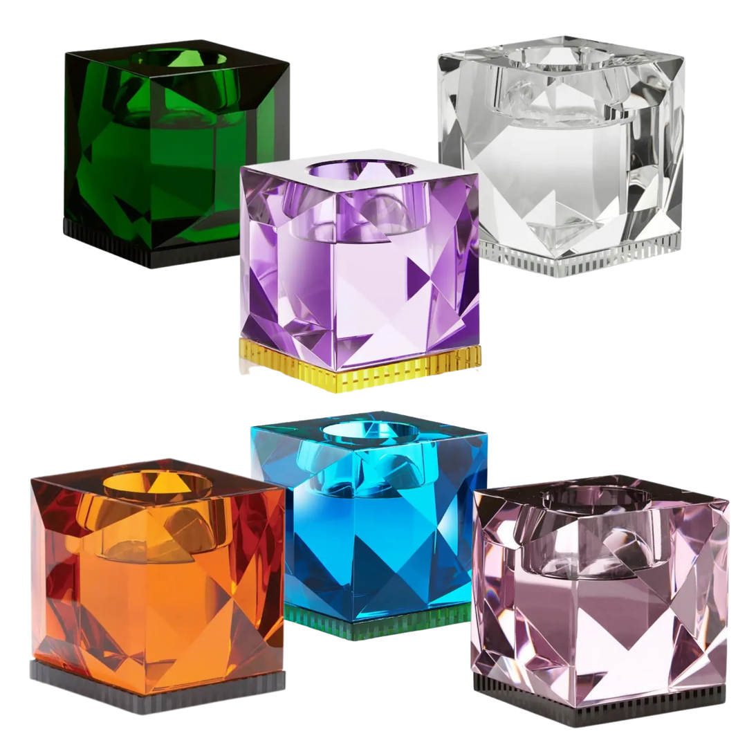 Ophelia Tealight Holder by Reflections Copenhagen featuring hand-cut crystal with colored inlays and faceted geometric design, Mood by DMJ