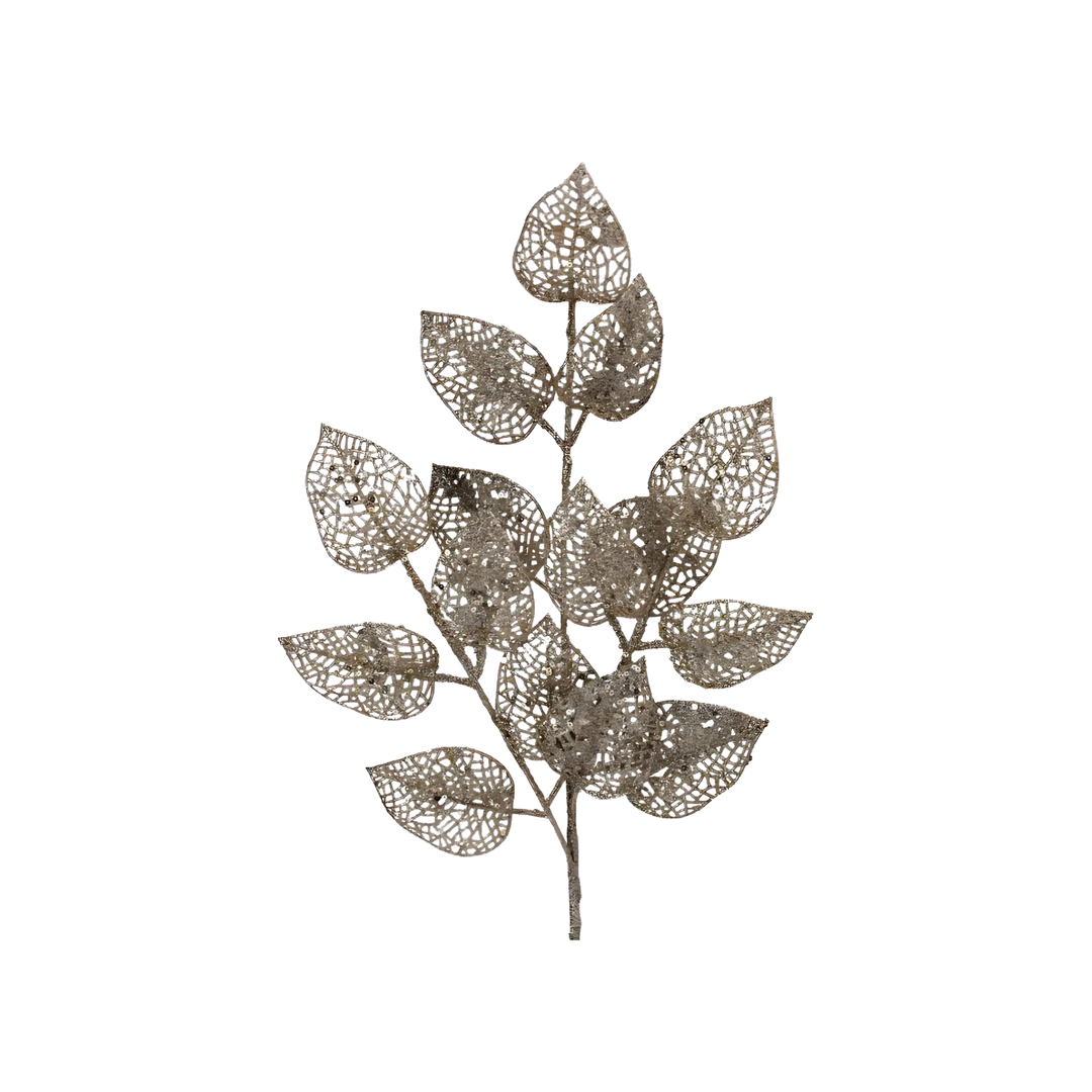 Regency International 25 inch platinum glitter lace leaf spray pick from Mood by DMJ, shimmering Christmas tree pick for wreaths and garlands
