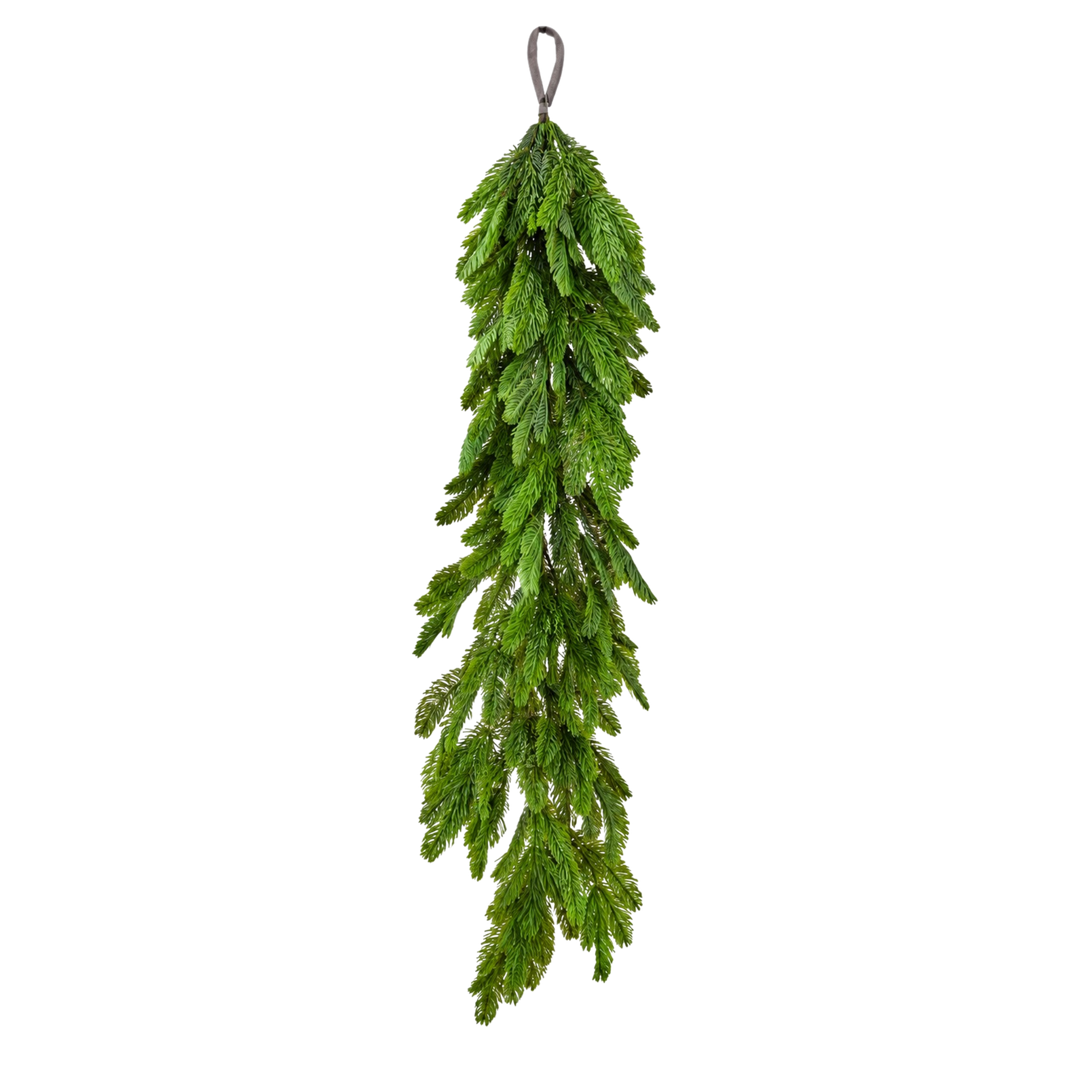 Regency International 4ft real touch noble fir garland from Mood by DMJ, UV-resistant faux fir table runner and outdoor lantern swag