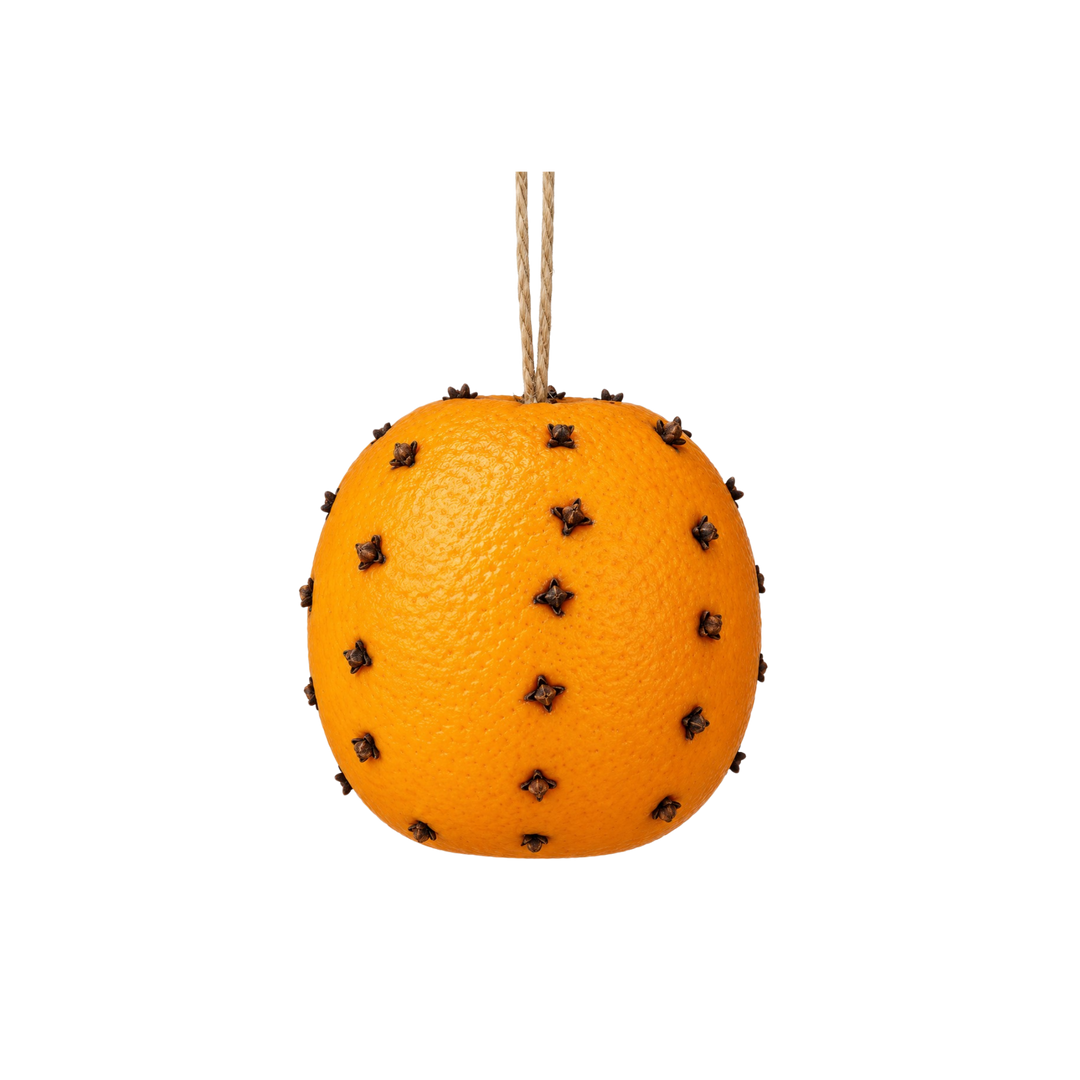 Regency International pomander ornament from Mood by DMJ, 4 inch faux clove-studded orange Christmas ornament on a jute hanger