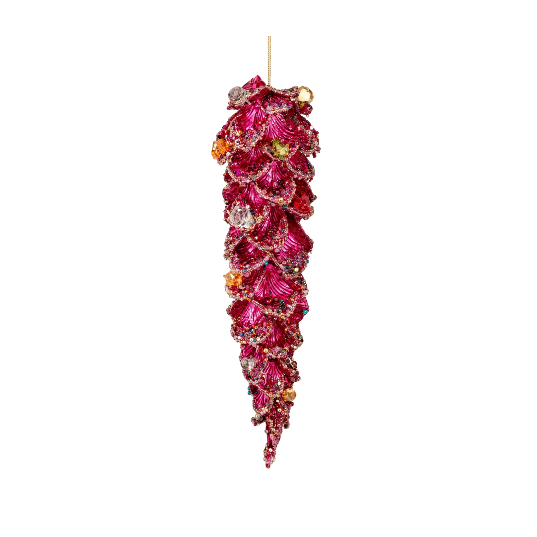 Regency International jeweled pinecone ornament in fuchsia from Mood by DMJ, 11.5 inch Christmas ornament with gold glitter and multicolor jewels