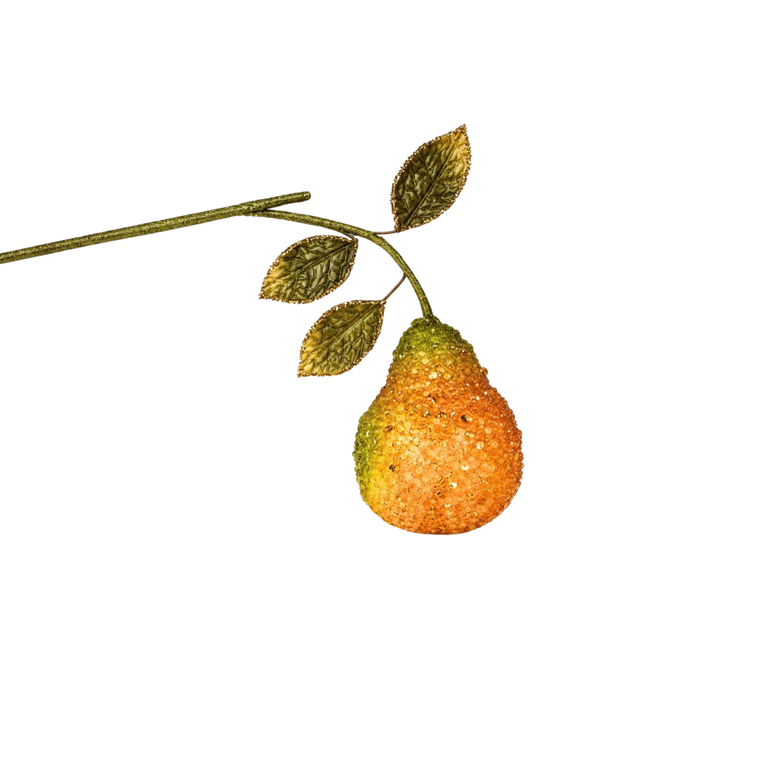Regency International glitter beaded pear stem from Mood by DMJ, iced green and orange faux pear with gold-edged leaves for Christmas trees and wreaths