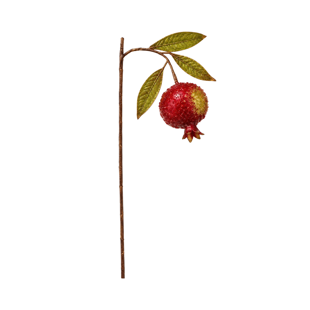 Regency International glitter beaded pomegranate stem from Mood by DMJ, iced red faux pomegranate with glittered leaves for Christmas trees and wreaths
