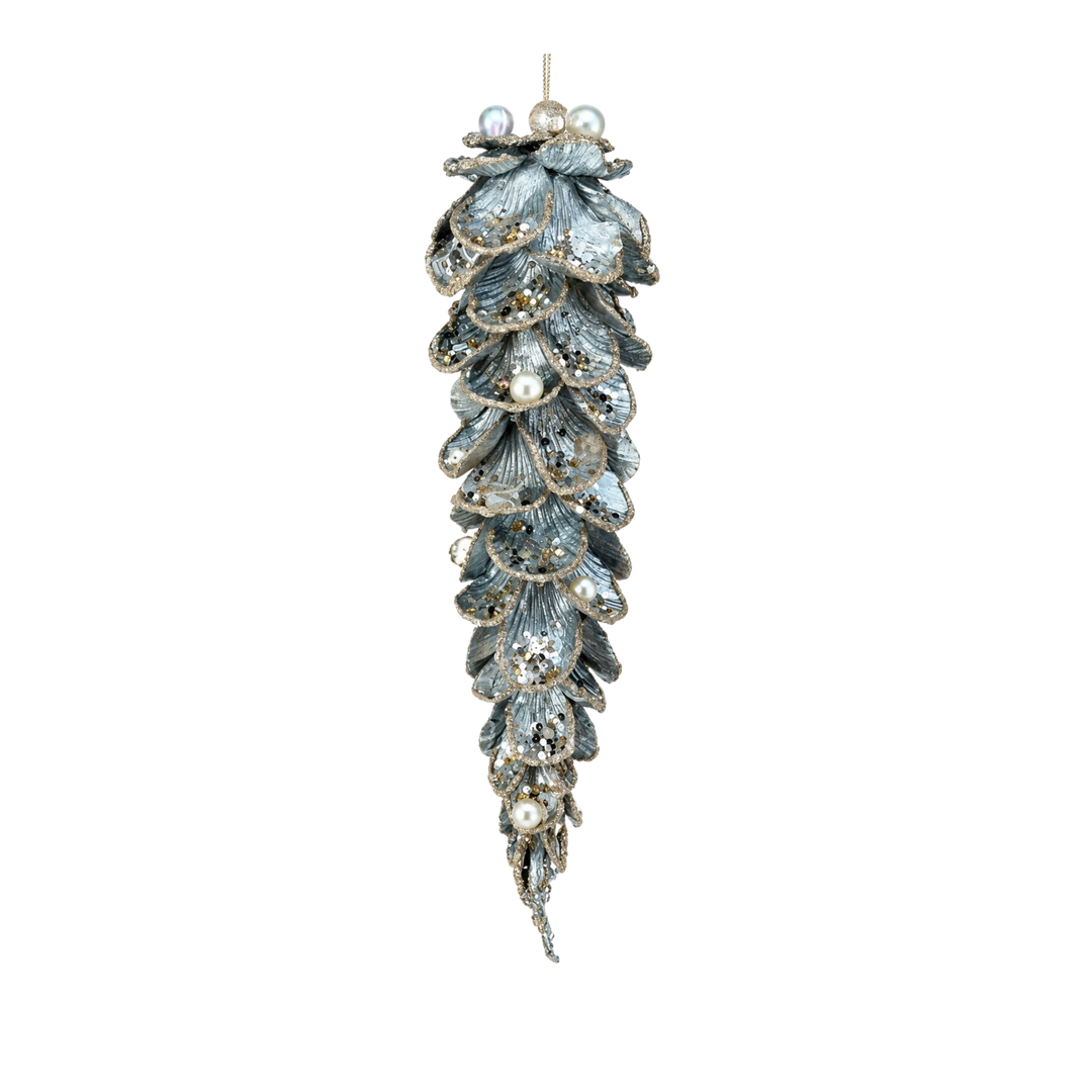 Regency International Icy Pine Jewel Ornament in ice blue from Mood by DMJ, 10 inch jeweled pinecone Christmas ornament with gold glitter and faux pearls