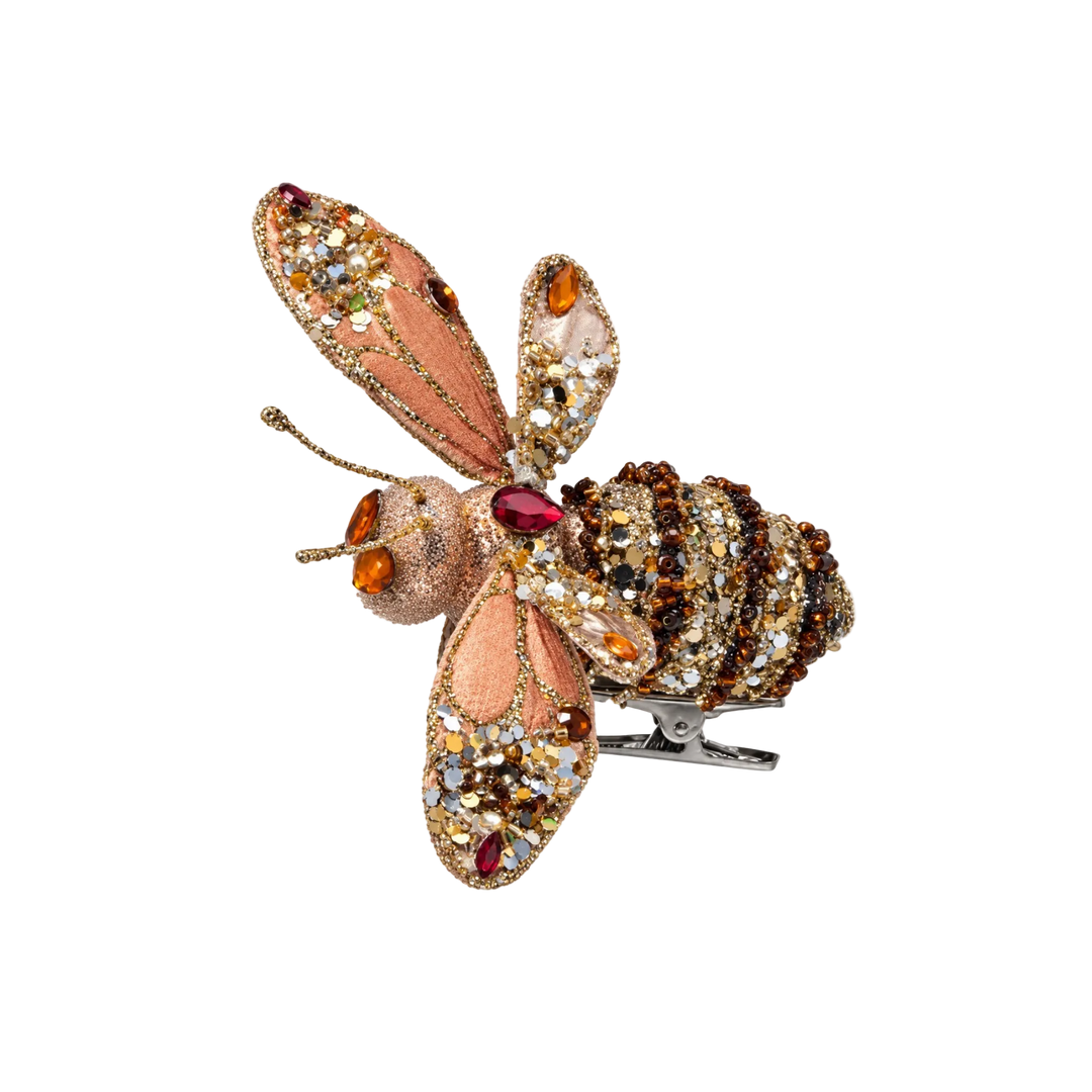 Regency International jeweled bee clip from Mood by DMJ, beaded and sequined bee Christmas ornament with blush wings and amber jewels