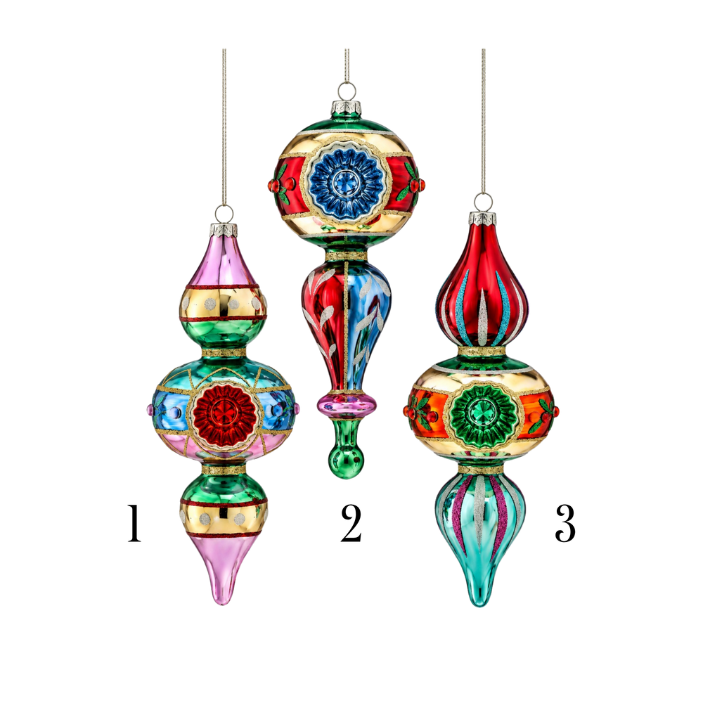 Regency International retro finial ornaments from Mood by DMJ, three vintage-style glass indent finials in red, pink, green, and blue, view 2