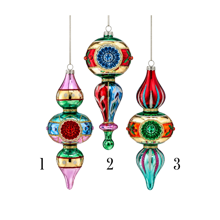 Regency International retro finial ornaments from Mood by DMJ, three vintage-style glass indent finials in red, pink, green, and blue, view 2
