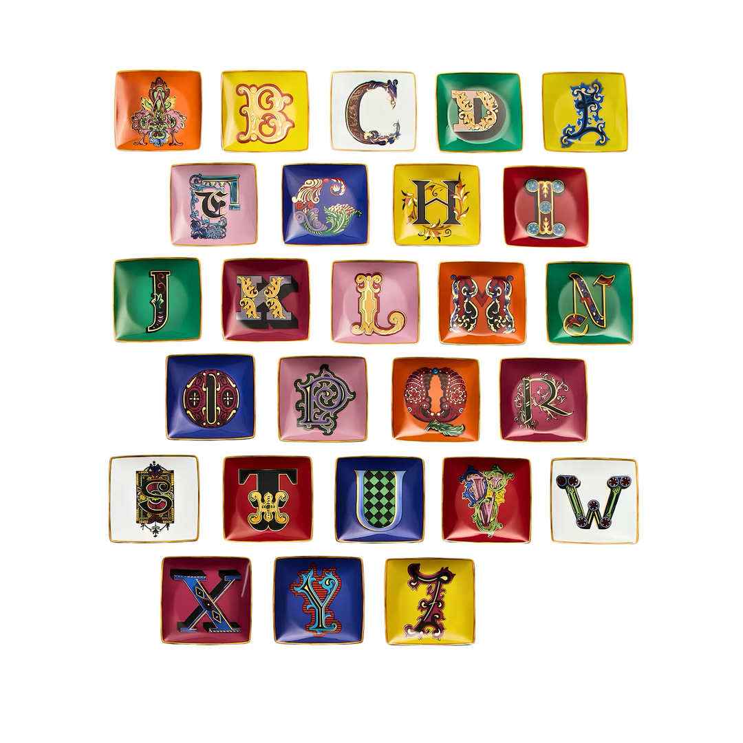 Versace Alphabet Porcelain Plate collection by Rosenthal featuring all 26 letters A to Z with Barocco-inspired decorative designs