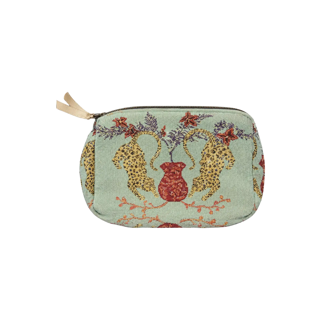 Sage green embroidered Cheetah Pouch makeup bag with gold cheetahs and red floral vase design, by Saint Austin