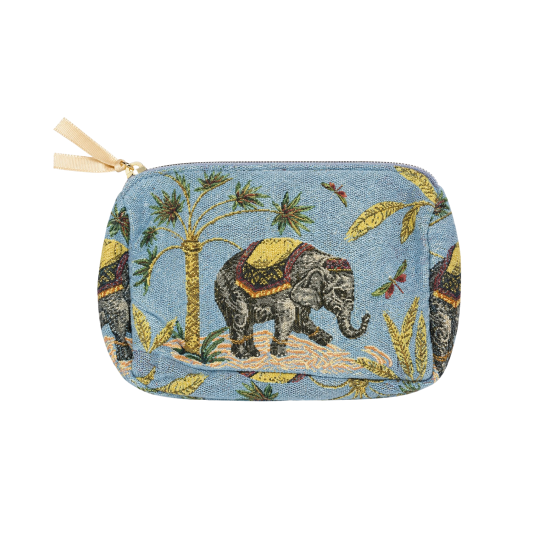 Light blue embroidered elephant and palm tree cotton makeup bag pouch by Saint Austin at Mood by DMJ Lafayette Louisiana