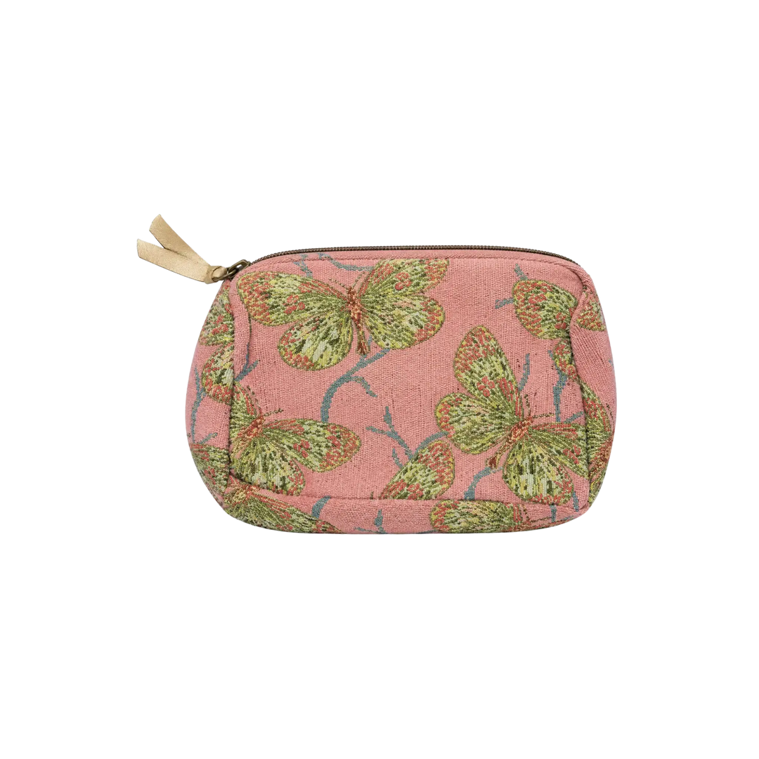 Blush pink embroidered green and gold butterfly cotton makeup bag pouch by Saint Austin at Mood by DMJ Lafayette Louisiana