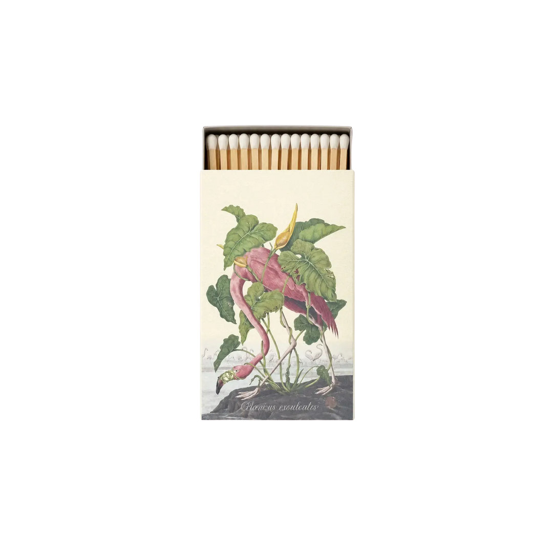 Saint Austin Flamingo Match Box - decorative matchbox with vintage flamingo and tropical leaf illustration