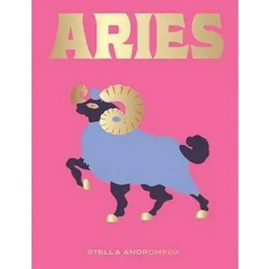 Aries by Stella Andromeda, Seeing Stars horoscope book from Hardie Grant with a gold horned ram on a pink cover