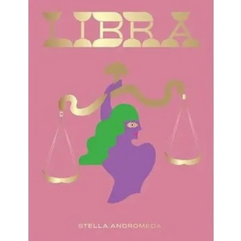 Libra by Stella Andromeda, Seeing Stars horoscope book from Hardie Grant with gold scales on a pink cover