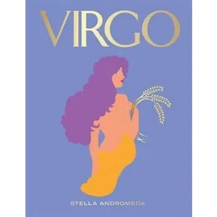 Virgo by Stella Andromeda, Seeing Stars horoscope book from Hardie Grant with a maiden holding wheat on a periwinkle cover