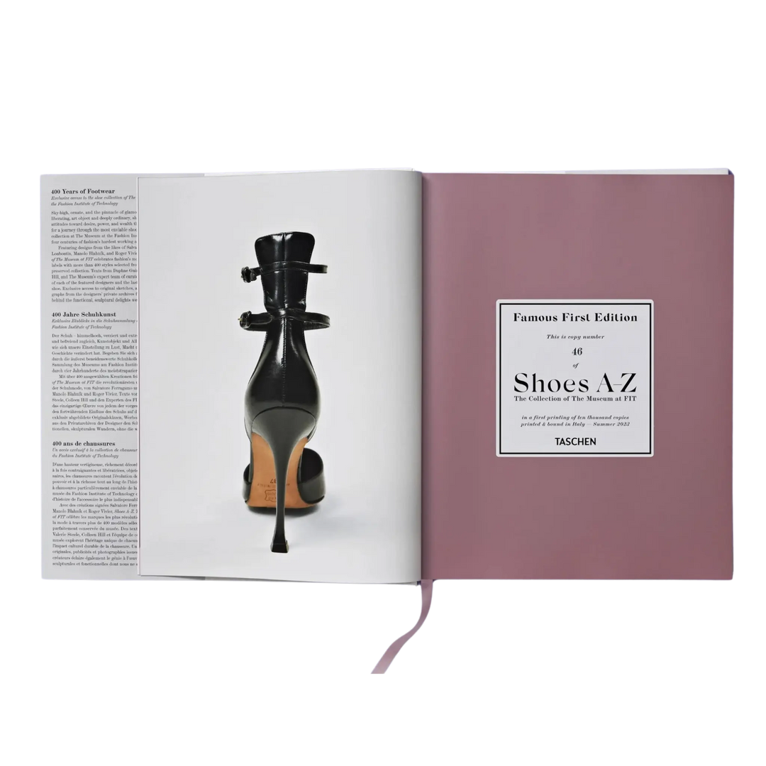 Numbered Famous First Edition page of Shoes A-Z by Taschen beside a black strapped high heel photo