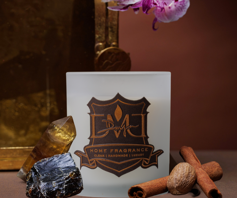 Signature No. 95 luxury warm spice candle by DMJ Home Fragrance in signature glass vessel — hand-poured coconut wax candle with bergamot, clove, allspice, nutmeg, cinnamon leaf, patchouli, frankincense, and amber, made in Lafayette, Louisiana.