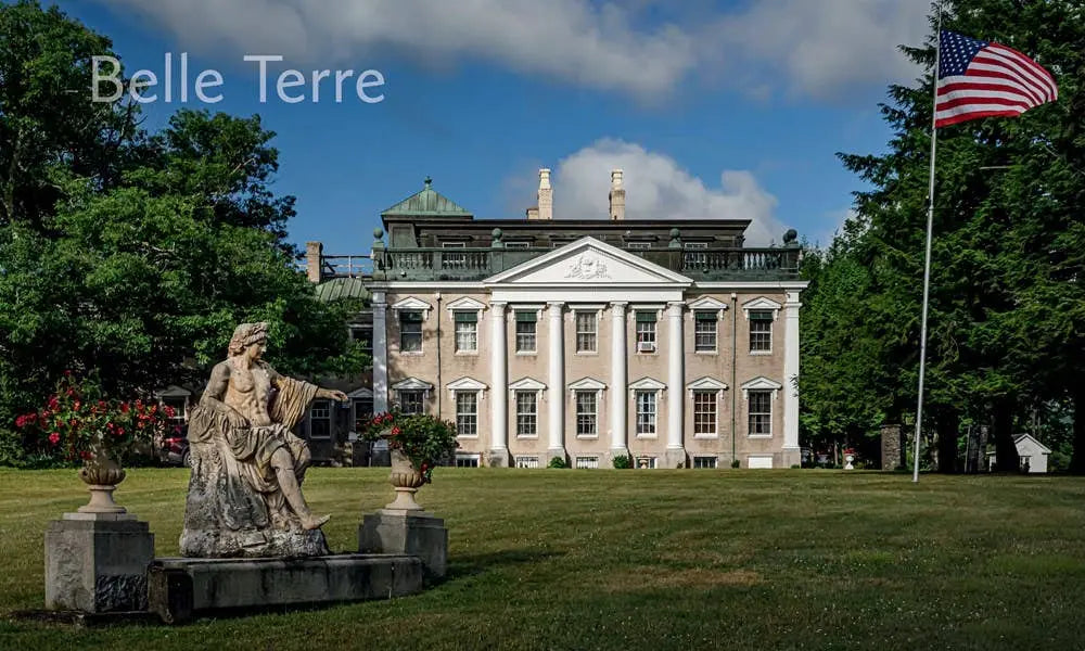 Spread from The Spirited Homes of Hunt Slonem, Gibbs Smith, showing the white columned Belle Terre mansion and lawn statue