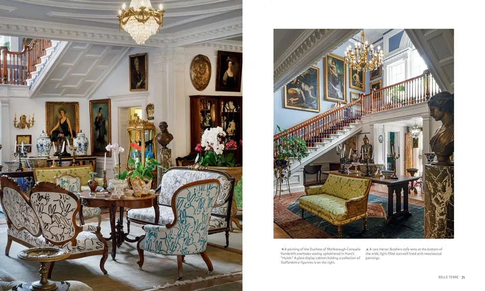 The Spirited Homes of Hunt Slonem book spread of a parlor with a chandelier, portraits, and patterned chairs