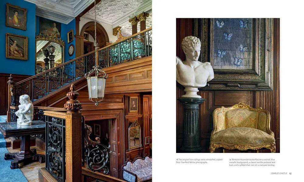 Inside The Spirited Homes of Hunt Slonem: spread of a carved staircase hall and a marble bust above a gilded chair