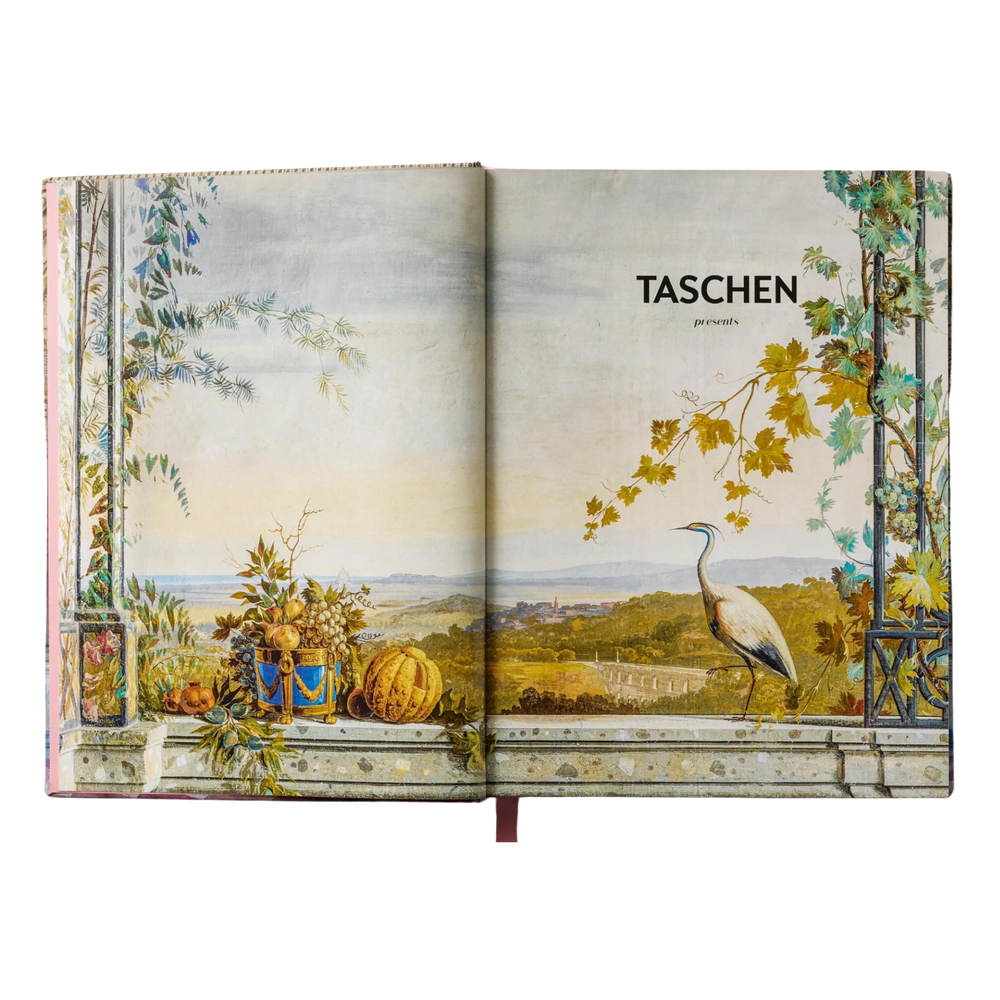 Interior spread of the Massimo Listri Italian Palaces XXL book by TASCHEN showing a frescoed loggia with a heron and Italian landscape