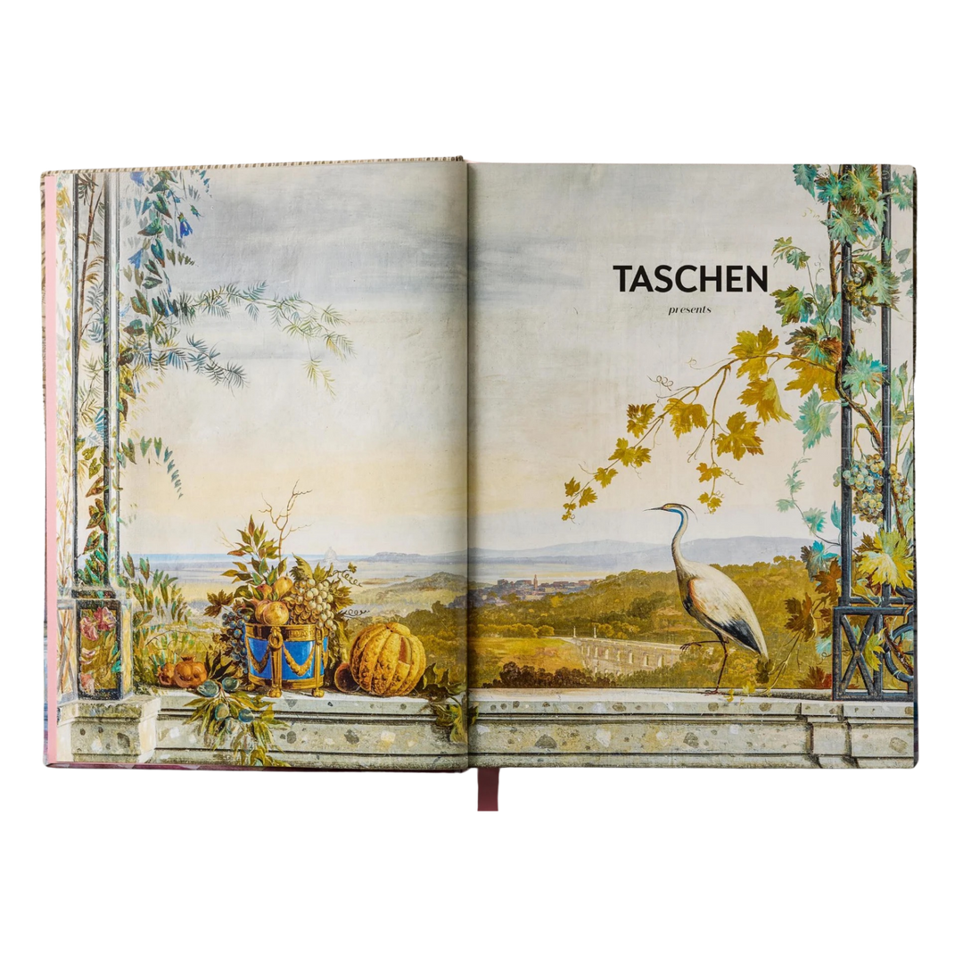 Interior spread of the Massimo Listri Italian Palaces XXL book by TASCHEN showing a frescoed loggia with a heron and Italian landscape