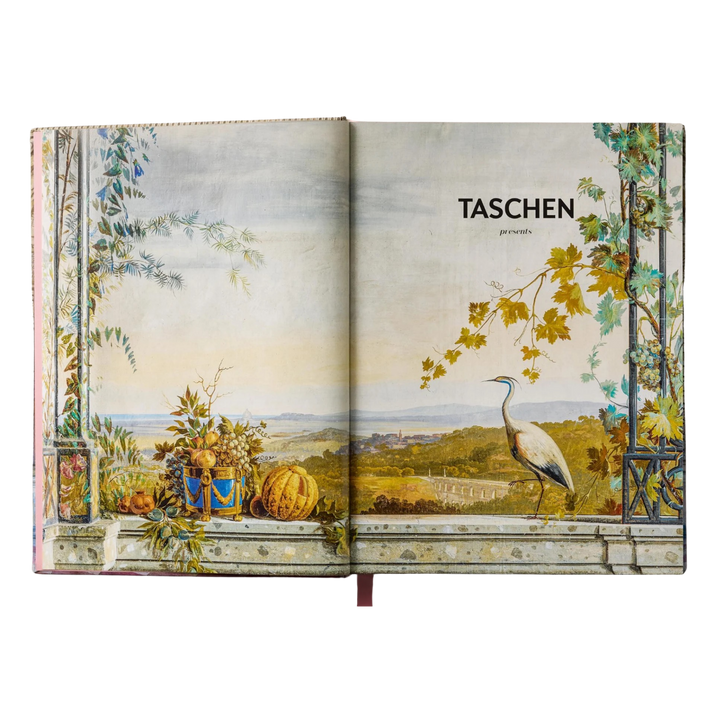 Interior spread of the Massimo Listri Italian Palaces XXL book by TASCHEN showing a frescoed loggia with a heron and Italian landscape