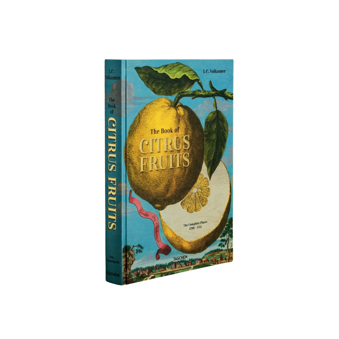 The Book of Citrus Fruits by J. C. Volkamer, Taschen clothbound book with a lemon engraving on the cover and a teal spine