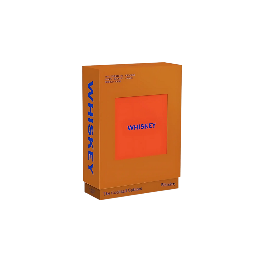 The Cocktail Cabinet: Whiskey recipe card box by Kara Newman in bright orange with bold blue Whiskey lettering