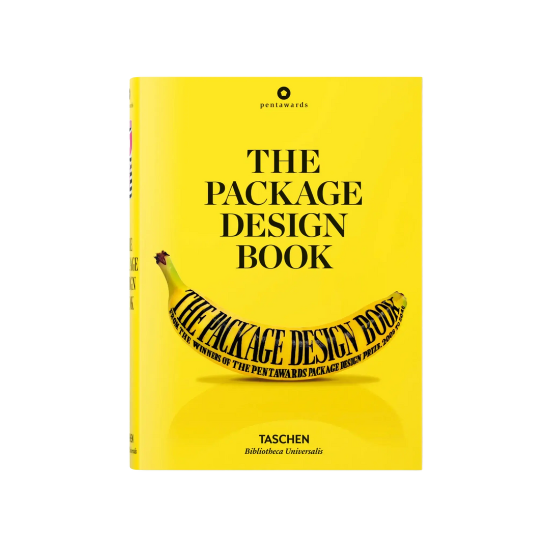 The Package Design Book by Taschen, a Bibliotheca Universalis hardcover with a bright yellow cover and a lettered banana