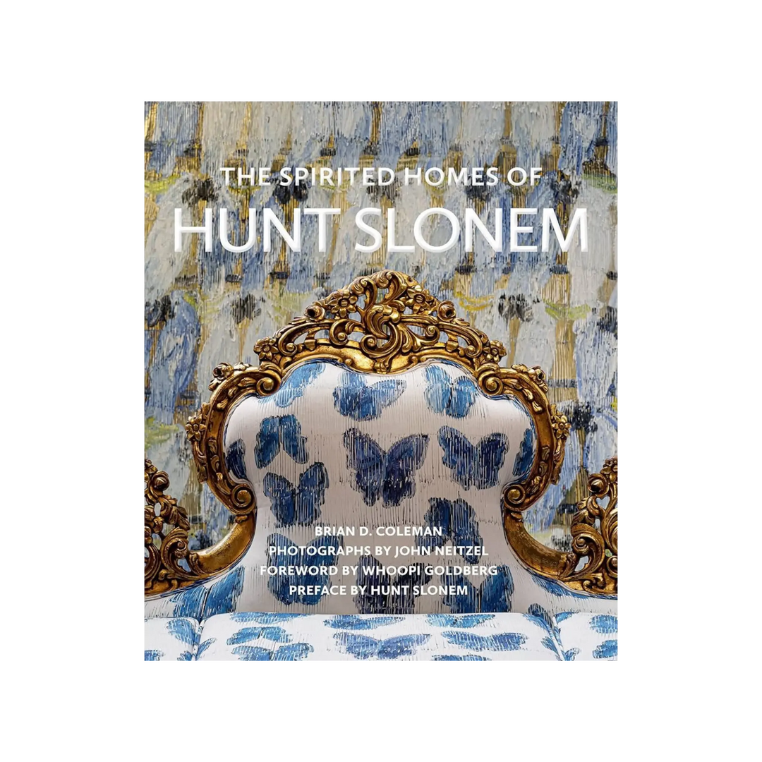 The Spirited Homes of Hunt Slonem by Brian D. Coleman, Gibbs Smith, cover with a gilded chair in blue butterfly fabric