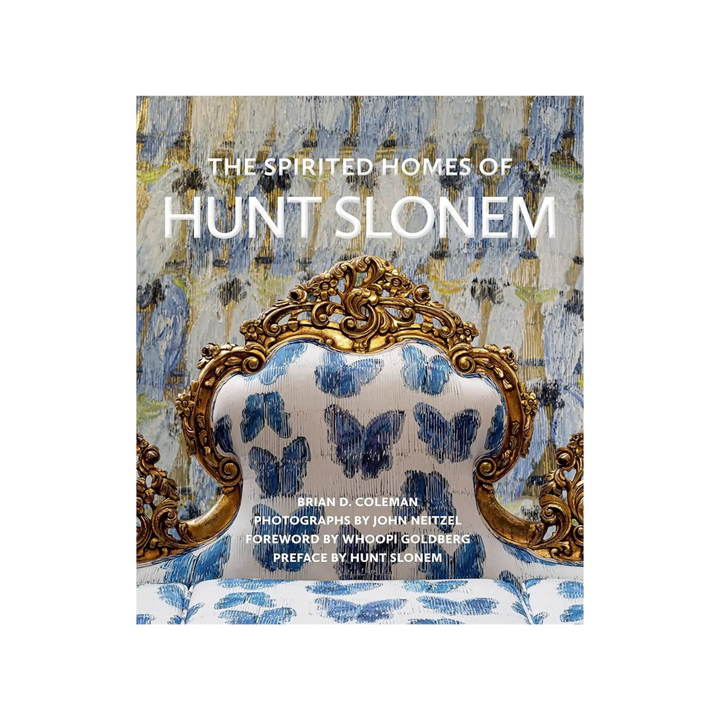 The Spirited Homes of Hunt Slonem by Brian D. Coleman, Gibbs Smith, cover with a gilded chair in blue butterfly fabric