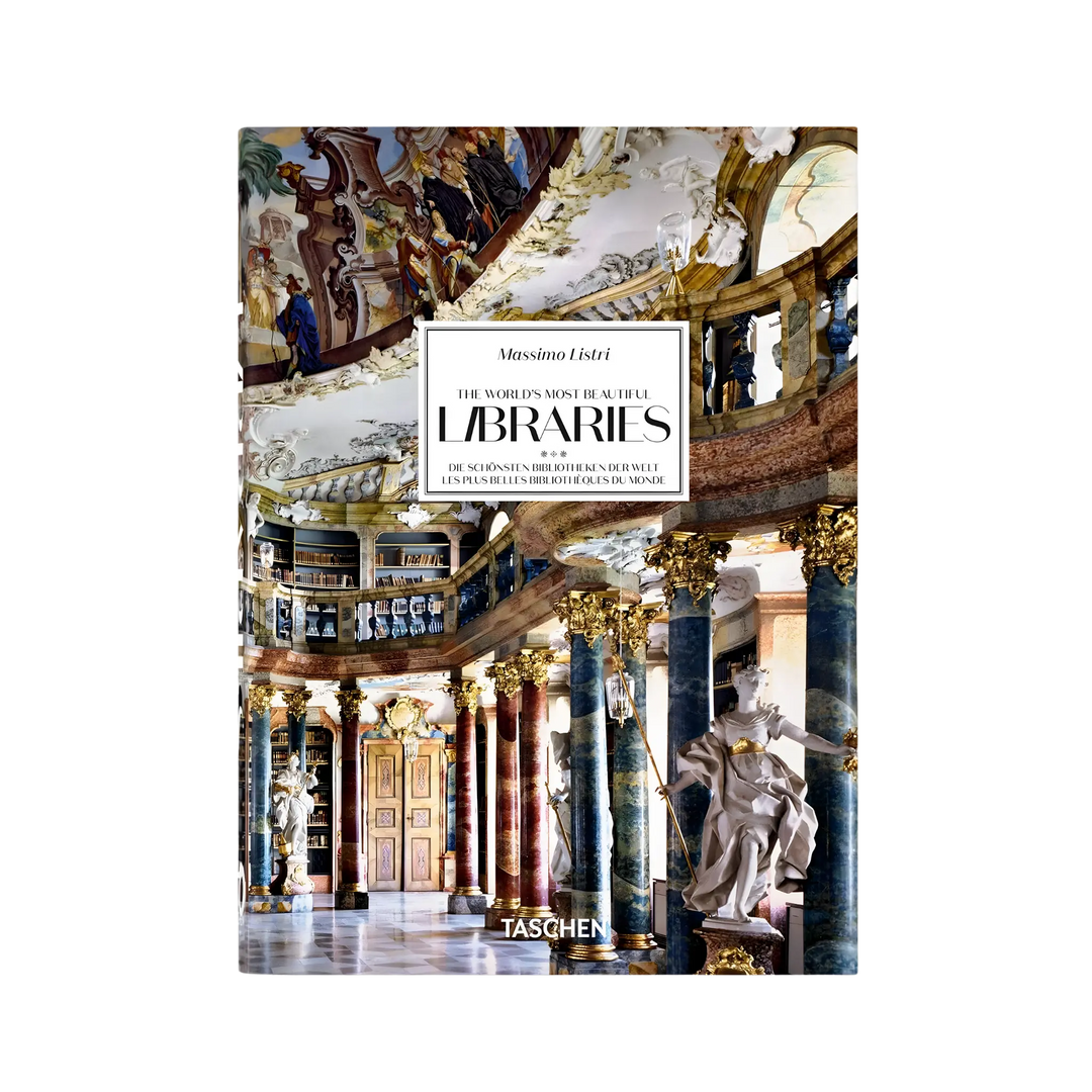 The World's Most Beautiful Libraries by Massimo Listri, Taschen XXL book with an ornate baroque library hall on the cover