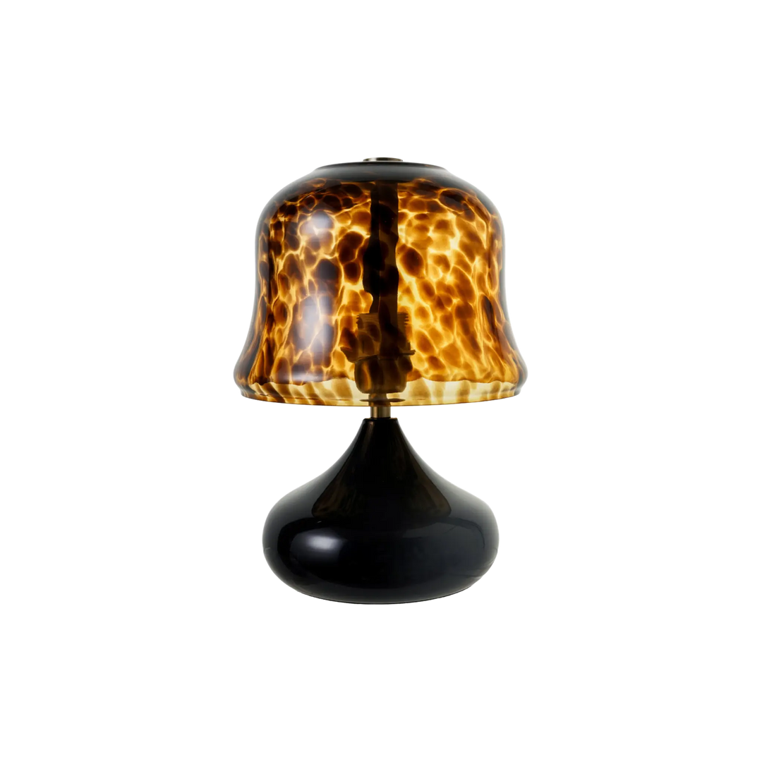 Tortoise glass table lamp with distressed iron base in brown finish