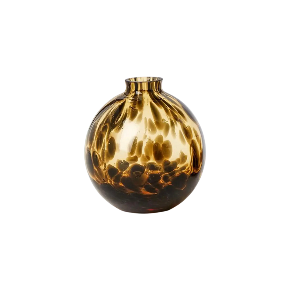 Ball shaped tortoise print glass bud vase with round silhouette and narrow neck, from Mood by DMJ