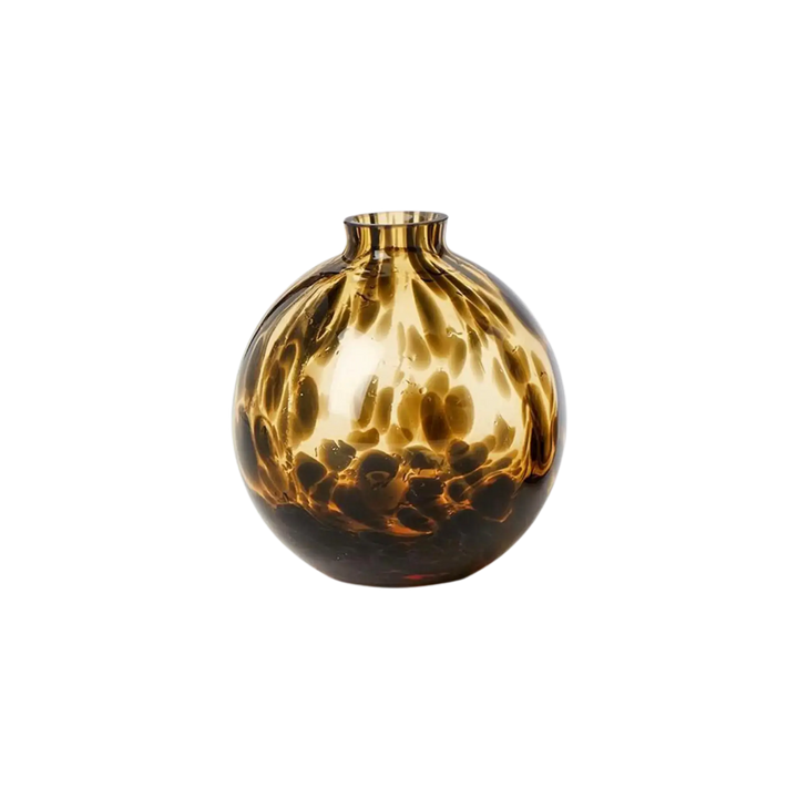 Ball shaped tortoise print glass bud vase with round silhouette and narrow neck, from Mood by DMJ