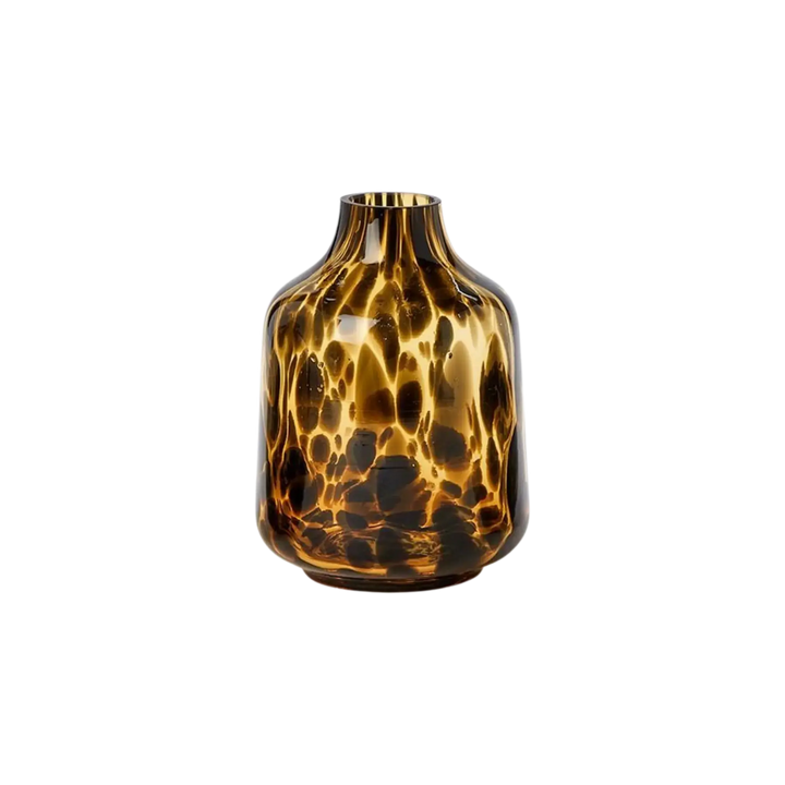 Bell shaped tortoise print glass bud vase with tapered neck and rounded base, from Mood by DMJ