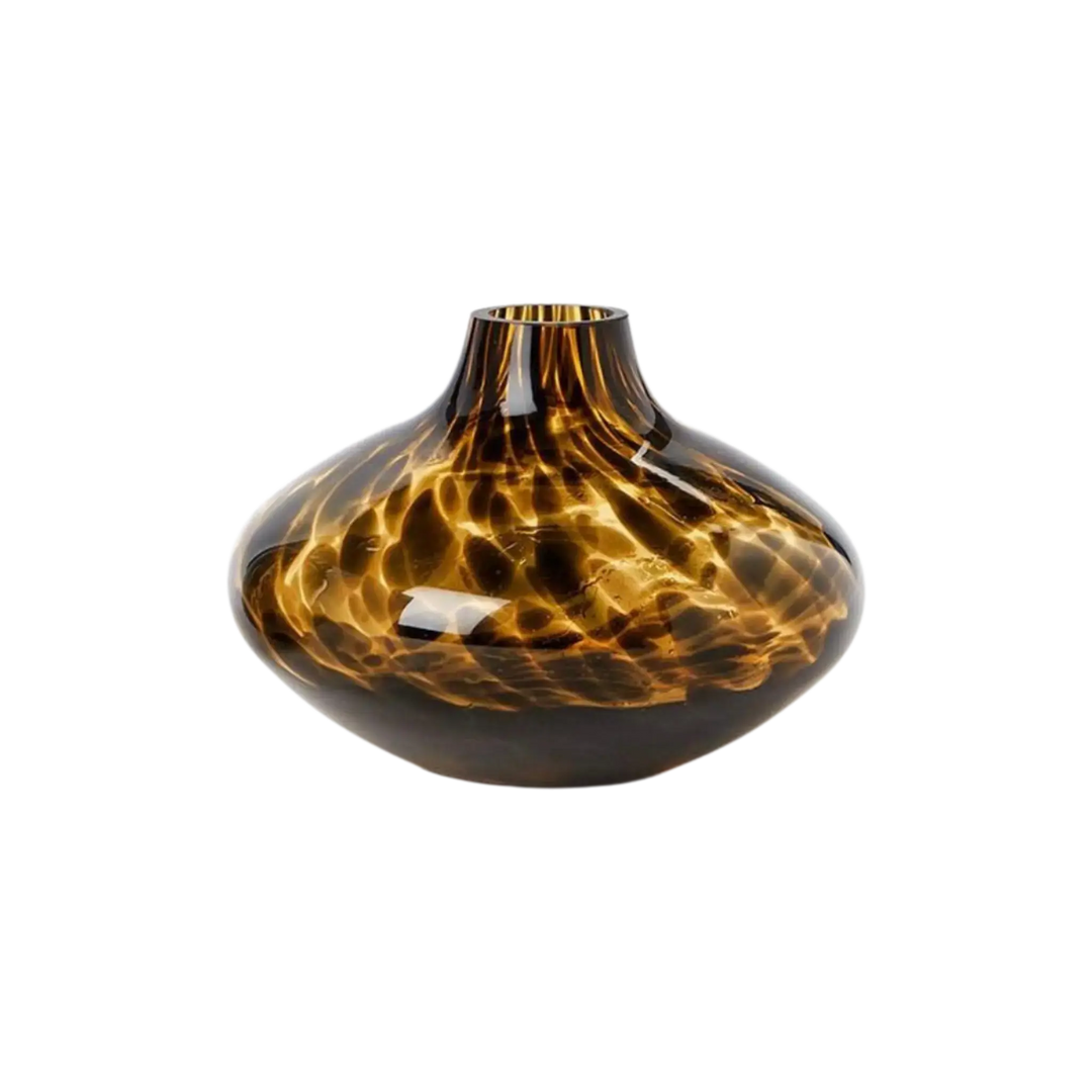 Oval shaped tortoise print glass bud vase with wide flat body and narrow neck, from Mood by DMJ