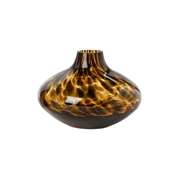 Oval shaped tortoise print glass bud vase with wide flat body and narrow neck, from Mood by DMJ