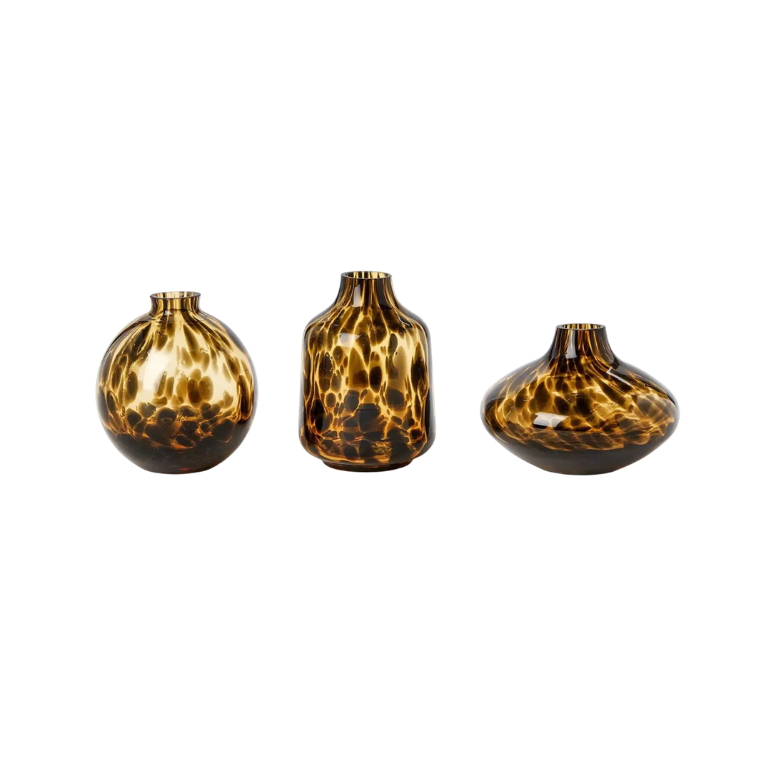 Tortoise print glass bud vases in Ball, Bell, and Oval shapes, handcrafted art glass vase set by Mood by DMJ