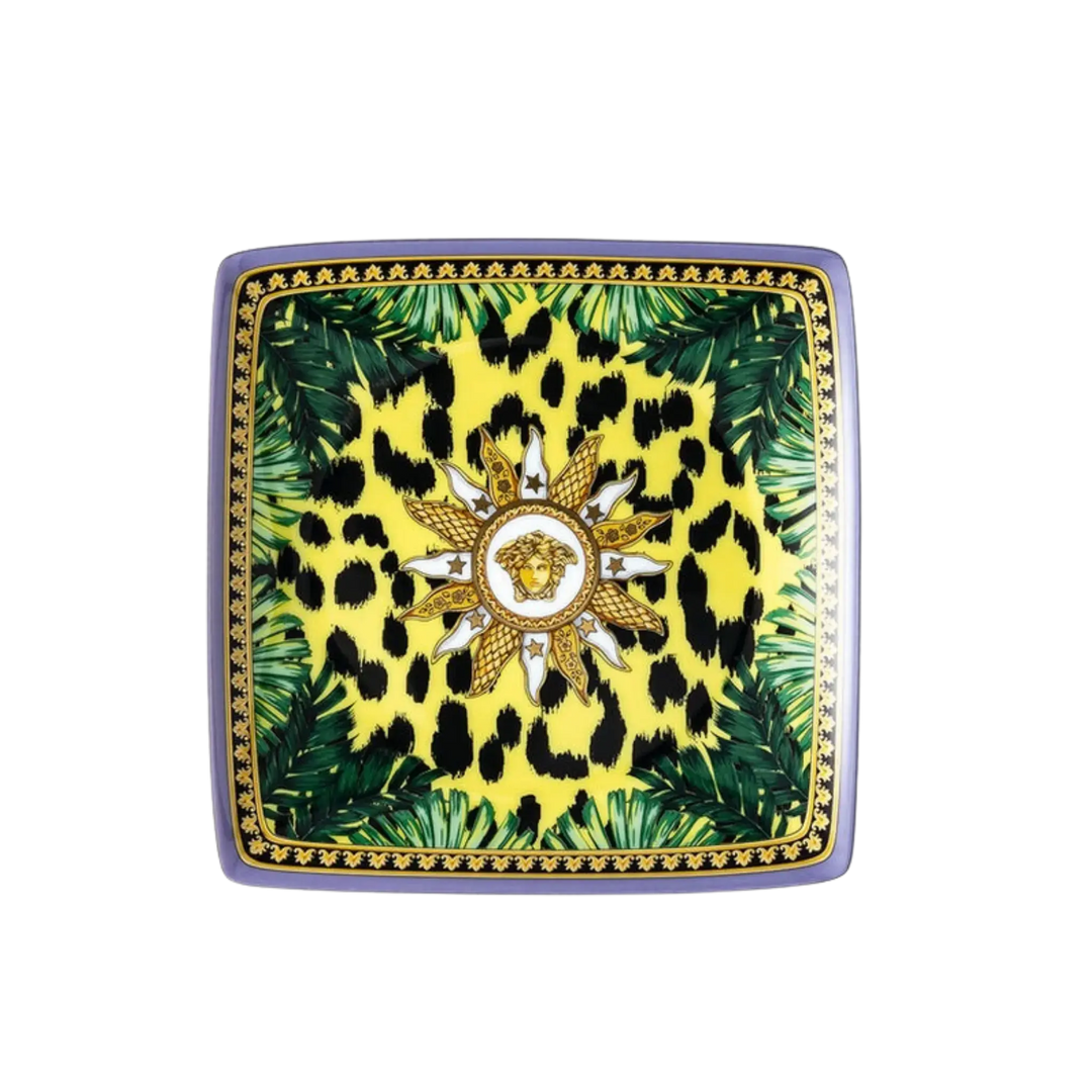 Versace Animalier Square Dish by Rosenthal - decorative porcelain plate with yellow leopard print, green tropical palm leaves, and gold